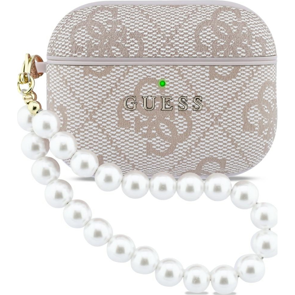 Oryginalne ekskluzywne etui od marki Guess z kolekcji 4G Pearl Strap z perłową zawieszką dla Apple AirPods Pro 3, różowe